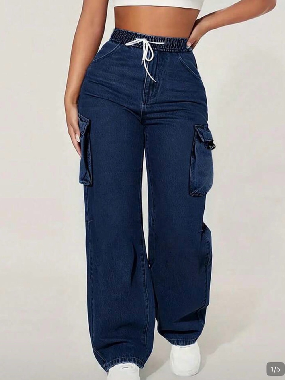 SHEIN Dark Blue High-Rise Cargo Wide-Leg Jeans with Drawstring